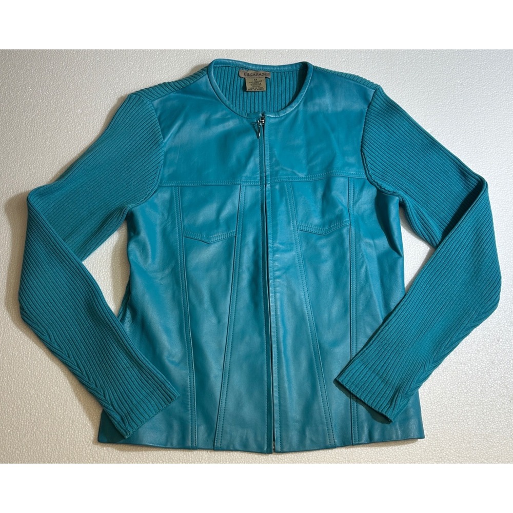 Escapade Womens Turquoise Blue Leather and Ribbed‎ Knit Zip Front Jacket Medium